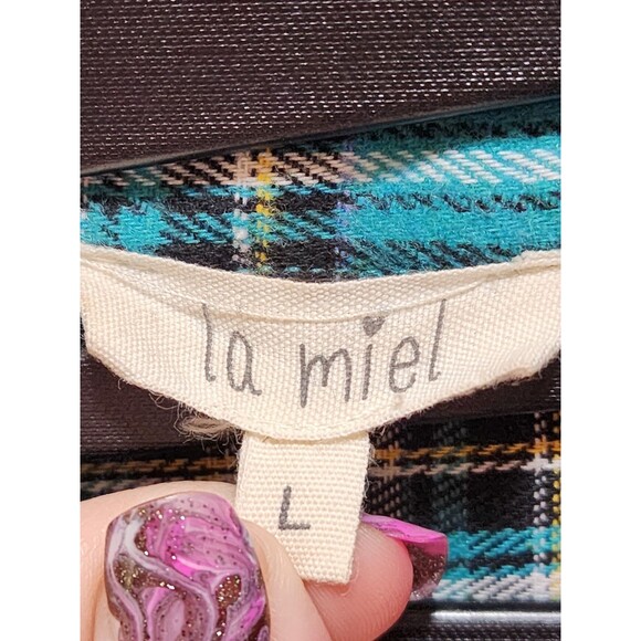 La Miel Womens Large Green Shirt Colorblock Plaid Flannel Shacket Farm Western - Picture 12 of 16